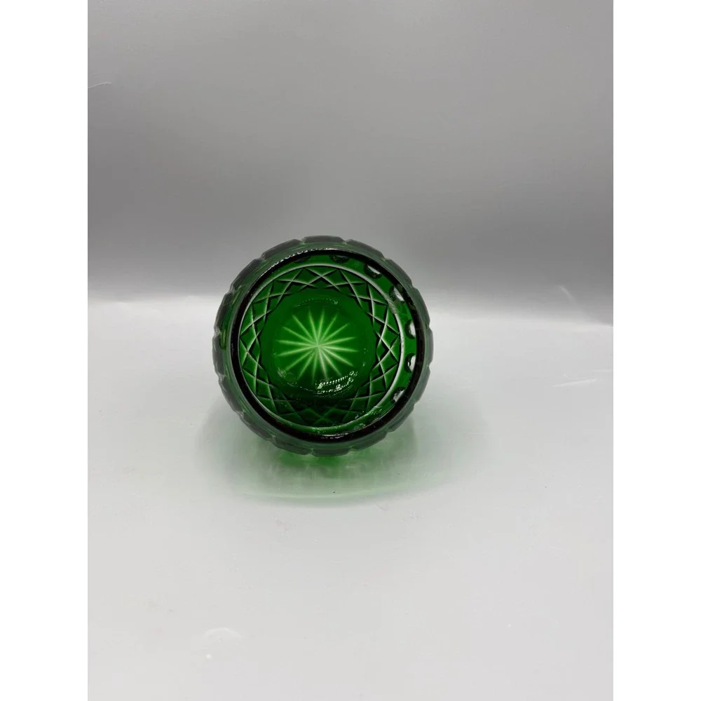 Emerald Green Cut to Clear Glass Votive Holder Rose Bowl Pattern 3.5
